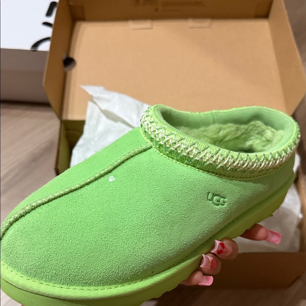 UGG Neon Green Suede Cozy Slip-On Slippers - Picture 3 of 3